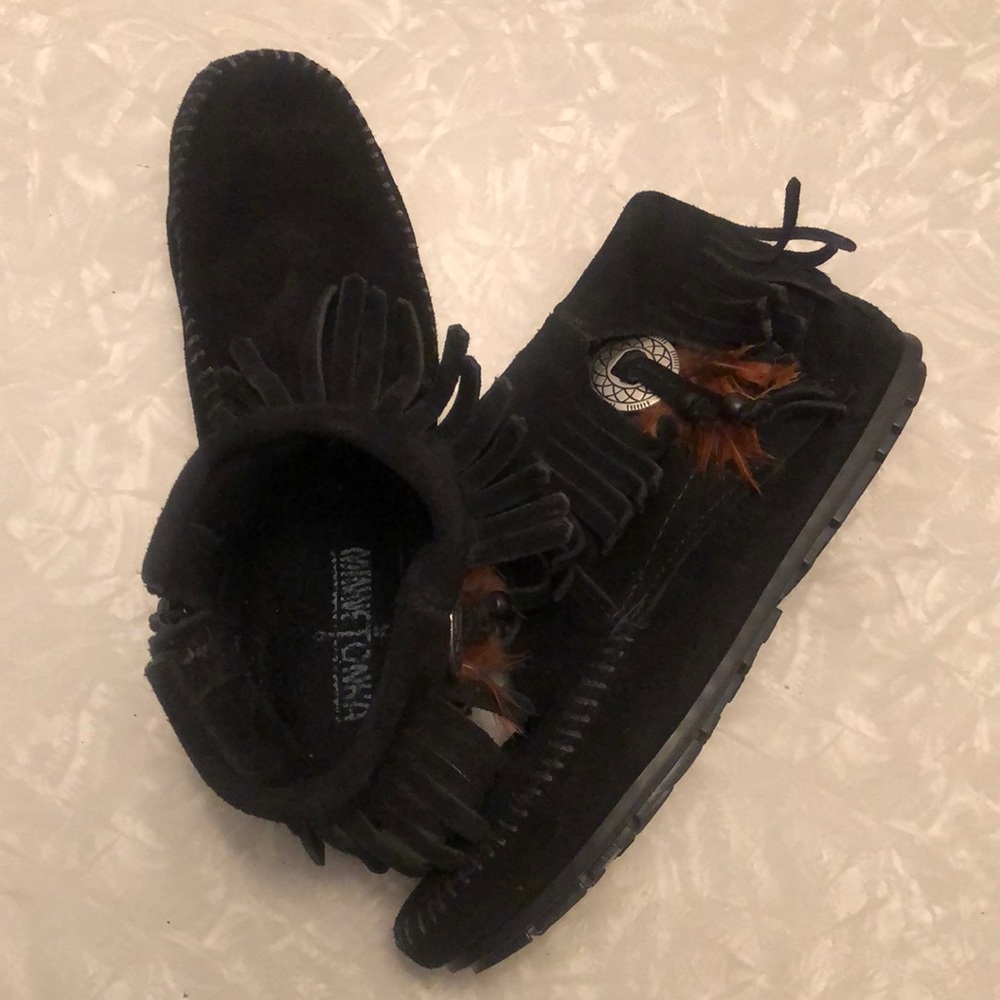 Minnetonka Black Leather Ankle Concho Moccasins